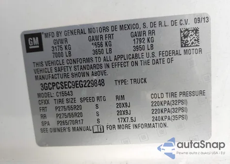 2014 Chevrolet Silverado 1500 1Lz из США, поврежденный, VIN 3GCPCSEC9EG229848